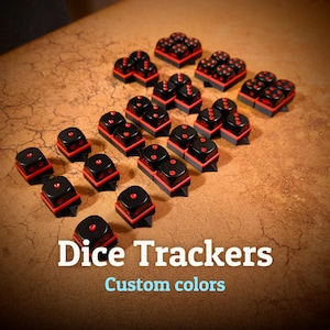 May include: A set of 20 black dice trackers with red accents. Each tracker is a stack of five dice, with the top die showing a different number. The dice are arranged in rows on a brown surface. The text "Dice Trackers" and "Custom colors" is displayed below the dice.