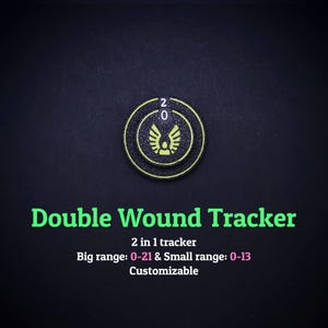 Könnte beinhalten: Ein schwarzer und gelber Double Wound Tracker mit der Zahl 20. Der Text "Double Wound Tracker" ist grün, mit zusätzlichem Text, der einen 2-in-1-Tracker, einen großen Bereich von 0-21 und einen kleinen Bereich von 0-13 angibt.
