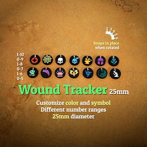 May include: A set of 14 black circular 25mm wound tracker tokens featuring various colourful icons and numbers. Text includes 1-10, 0-9, 1-8, 0-7, 1-6, 0-5, Wound Tracker 25mm, Customize colour and symbol, Different number ranges, 25mm diameter, Snaps in place when rotated.