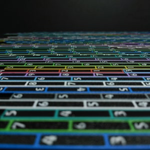 Op de afbeelding: Een zwart oppervlak met een raster van horizontale rijen verdeeld in rechthoekige cellen, elk met een wit cijfer. De cellen zijn omlijnd in verschillende neonkleuren, waaronder blauw, groen, geel en paars, wat een gelaagd effect geeft.