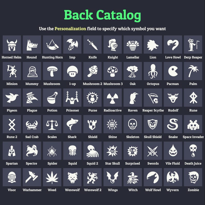 May include: A grid of white graphic symbols on a dark background, labeled as a "Back Catalog." Symbols include a horned helm, a hound, a knife, a mushroom, an octopus, a skull, and a witch. Text at the top reads "Back Catalog."