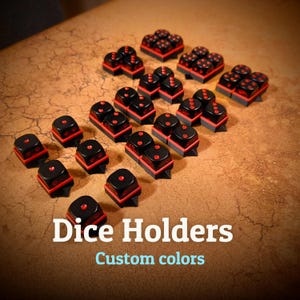 May include: Black dice holders with red accents and red dots on the dice. The text "Dice Holders" and "Custom colors" are displayed in white and light blue, respectively. The dice holders are arranged on a brown surface.