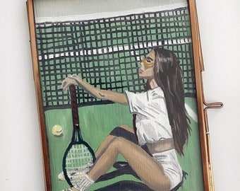 Ölgemälde Tennis Mädchen im Medaillon - Glasrahmen Dekoration - Originale Malerei