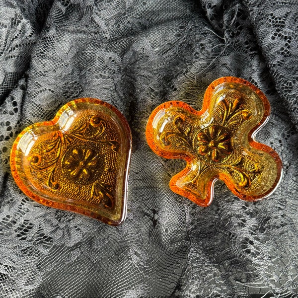 Vintage Indiana Amber Glass Tiara Heart and Club Trinket Dishes