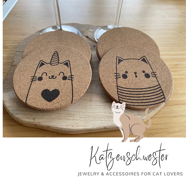Set of 2 Cat Couple Unicorn Cat Cork Coasters Newlyweds Wedding Gift Housewarming Gift Catlover Bride Groom Tomcat Cat