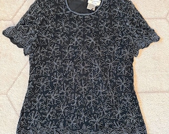 Vintage Pappel Boutique Seide Perlen Kurzarm Abendgarderobe Top Gr. XL