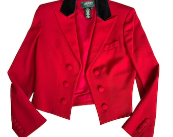 Lauren Ralph Lauren Petite Red Blazer Velvet Collar Cropped Jacket 4P
