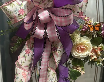 Large spring or summer bow, Hummingbird ribbon, purple ribbon, plaid ribbon, pink and white plaid ribbon, wreath bow, lantern bow,