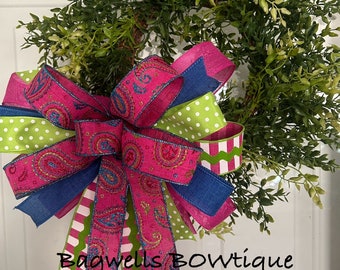 spring bow, summer bow, wreath bow,  green polka dot, pink , blue,pink and green Ricrac ,  pink with lime,turquoise paisley , home decor