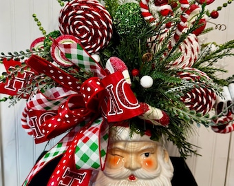Christmas Santa Centerpiece Candy Cane Christmas decor Holiday arrangement Santa Christmas centerpiece red green holiday decor traditional