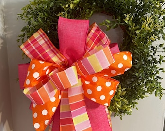 spring bow, summer bow, summer decor, spring decor, wreath bow, orange and pink bow