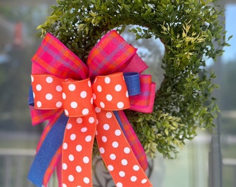 spring bow, summer bow, wreath bow, pink, orange polka dot, pink plaid bow, summer decor, spring decor, home decor