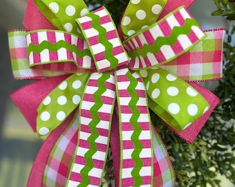 spring bow, summer bow, wreath bow, pink, green polka dot, pink plaid bow, pink and green Ricrac summer decor, spring decor, home decor