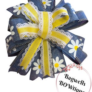 Daisy Wreath Bow: Denim & Lace Wired Ribbon, Spring Decor