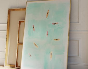 Surfers Turquoise Art, Hand-Made Watercolor Print, Aerial Ocean View. Trendy Wall Art, Funky Prints, Maximalist Decor