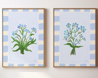 Blue Floral Gallery Wall Art Prints: Forget-Me-Nots, Lily Bouquet (Digital Download)