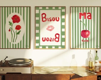 French Wall Art Set: Red Poppy, Cherry, Bisou Prints (Digital Download)