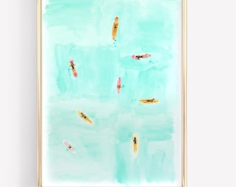 Aerial Ocean View Surfers Hand-Made Watercolor Print Trendy Turquoise Wall Art Coastal Beach House Decor Nursery Instant Digital Download