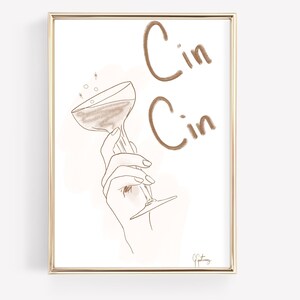 Cin Cin Cheers vintage champagneglas handgetekende muurkunst voor barwagen Proost print kunst cocktail print barwagen wanddecoratie retro keuken