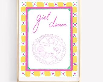 Girl Dinner Drawing Print - Pickles, Salami, Brea Cheese, Olives, Strawberries, and Crackers With Pretty Pink and Yellow Decals and Borders.