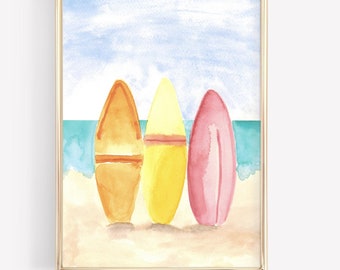 Beachy Wall Art Coastal Summer Watercolor Print Vintage Surf Poster Beach House Art Surfboard Decoration Dopamine Print