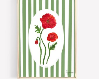 Red Poppy Watercolor Print Vintage Floral Wall Art Watercolor Wildflower Wall Art Trendy Green Decore Stripes