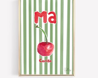 Cherry Watercolor Print: French 'Ma Cerise' Art, Green Stripes