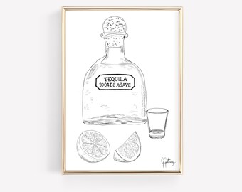 Tequila Shots and Lime Drawing Funky Bar Cart Art Spirits Poster Tequila Bottles Vintage Bar Cart Art Aesthetics Prints Retro Guest Check