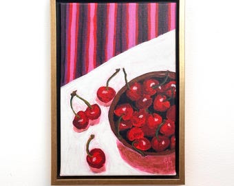 Floating Frame Large Canvas Painting Print Cherries and Stripes Oil Painting Print Cherry Aesthetic Cherries Art Framed Canvas Art