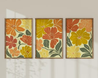 Retro Floral Print Set: Terracotta, Yellow, and Green (Digital File)