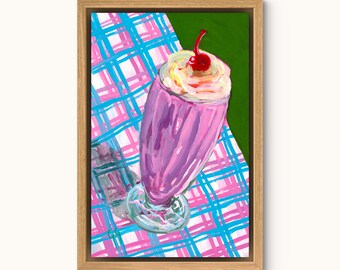 Strawberry Milkshake Oil Painting Print: Cherry on Top Canvas Art - Framed