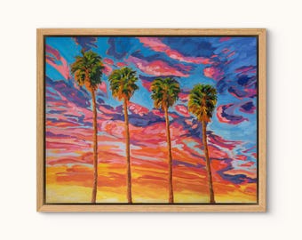 Framed Tangerine Sunset Palms Canvas Print: Extra Large Wall Art
