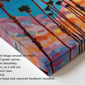 May include: An oil painting on canvas depicts a sunset scene with palm trees. The artwork features a vibrant color palette of blues, oranges, and purples. The canvas is 1.25 inches thick and ready to hang.
