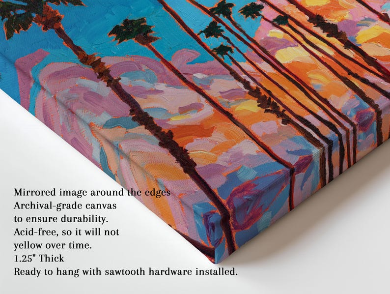 May include: An oil painting on canvas depicts a sunset scene with palm trees. The artwork features a vibrant color palette of blues, oranges, and purples. The canvas is 1.25 inches thick and ready to hang.