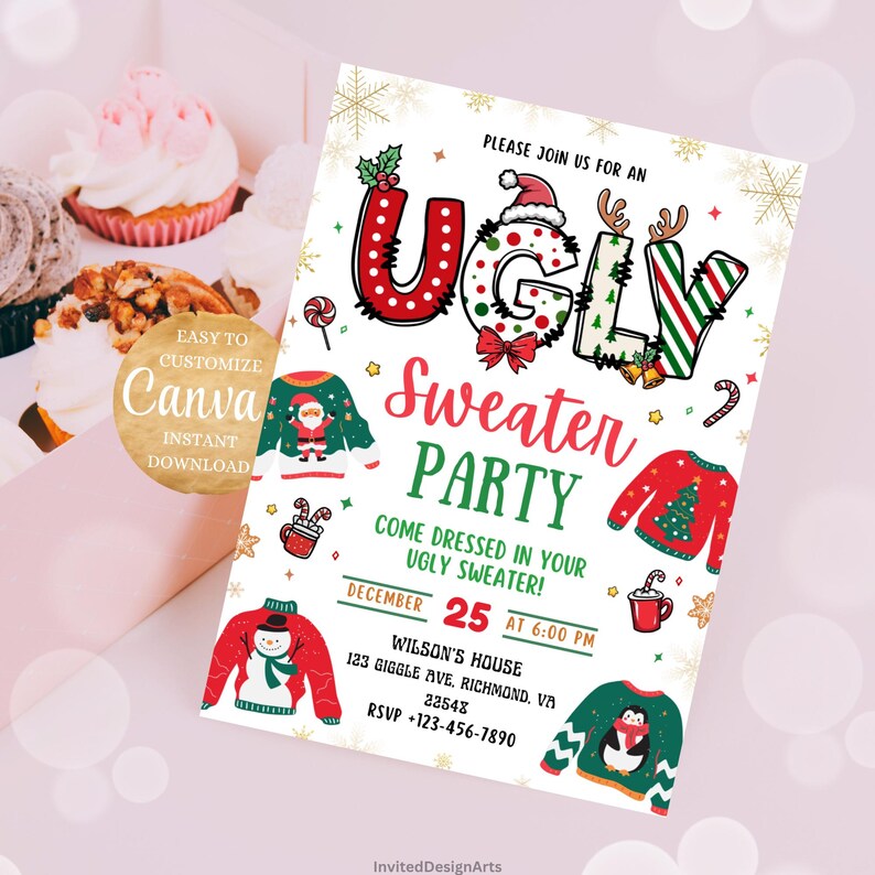 Pu&ograve; includere: Un invito festivo per una festa di maglioni brutti. Il design presenta la parola "UGLY" in lettere colorate, con illustrazioni di maglioni, fiocchi di neve e icone a tema festivo. L'invito include la data, l'ora e il luogo.
