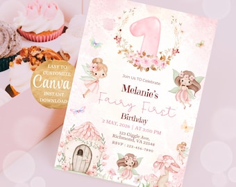 Fairy 1st Bday Invitation, Fairy Enchanted Garden 1st Bday Invite, Garden Fairy Party, Fairy and Butterfly Birthday Girl, Whimsical 1st Bday