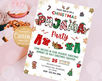 Invitación a fiesta de pijamas de Navidad Invitación a fiesta de pijamas de Navidad Plantilla de tarjeta de Navidad Pijama de fiesta de pijamas Tarjeta de Navidad imprimible Pijama de vacaciones
