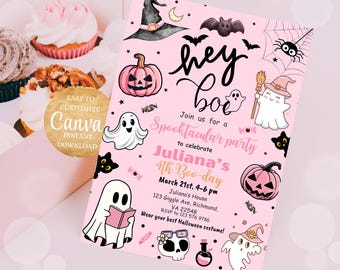 Spooktacular Halloween Bday Party Card October Birthday, Costume Party Invite Halloween Birthday Invitation, Pink Halloween Invitation