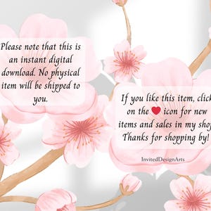 May include: Pink cherry blossom flowers with a white background and text that reads: "Please note that this is an instant digital download. No physical item will be shipped to you. If you like this item, click on the heart icon for new items and sales in my shop. Thanks for shopping by! InvitedDesignArts"