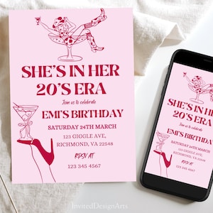 Peut inclure: Invitation rose et rouge avec le texte "She's in her 20's Era" et "Join us to celebrate Emi's Birthday". L'invitation comprend la date, l'heure et le lieu de l'événement.