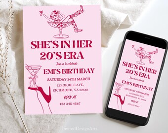 In My Twenties Era Pink 20th Birthday Party Invitation Template, Editable 20's Era Invitation Girl, Descarga instantánea, Imprimir o enviar digitalmente