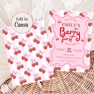 May include: Pink and white striped background with a pattern of red strawberries with pink bows. A pink invitation card with a white border and white text that reads "Join us for Emily's Berry First Birthday. Saturday, March 27 at 2:00 PM. Emily's house, 123 Giggle Ave, Richmond, VA 22548. RSVP 111 222 3333."