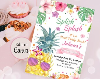 Piscina, tobogán de agua, pelota de playa, fiesta de cumpleaños, invitación para fiesta de cumpleaños de Splish Splash, invitación para fiesta de pelota de playa con piña