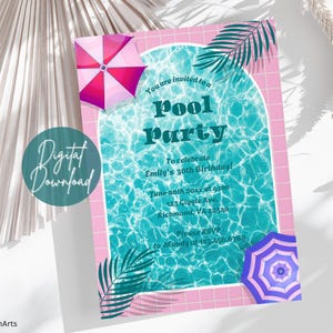 May include: A pink and blue pool party invitation with a graphic of a swimming pool and palm trees. The text reads "You are invited to a Pool Party To celebrate Emily's 30th Birthday! June 20th 20xx at 4 pm 123 Giggle Ave, Richmond, VA 22548 Please RSVP to Mandy at 123.456.6780"