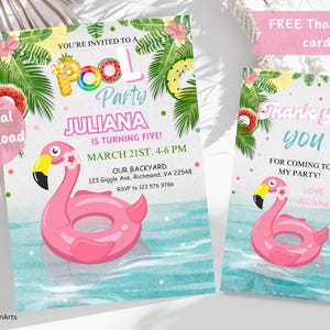 May include: A digital download for a pool party invitation and thank you card. The invitation features a pink flamingo pool float, palm leaves, and the text "You're invited to a Pool Party Juliana is turning five! March 21st. 4-6 PM Our Backyard 123 Giggle Ave, Richmond, VA 22548 RSVP to 123 576 9786". The thank you card features the same flamingo pool float and the text "Thank you you For coming to my party! Love, Juliana".