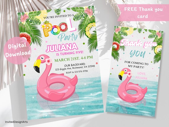 Editable Splish Splash Pool Party Invitation Flamingo Pool Party Birthday Invite Swim party invite  Tropical birthday pool party invitation