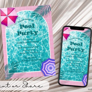 May include: A pink and blue pool party invitation with a palm tree and an umbrella. The text reads "You are invited to a Pool Party to celebrate Emily's 30th Birthday!"  June 20th 20xx at 4pm 123 Giggle Ave., Richmond, VA 22548 Please RSVP to Manly at 809-156-6789