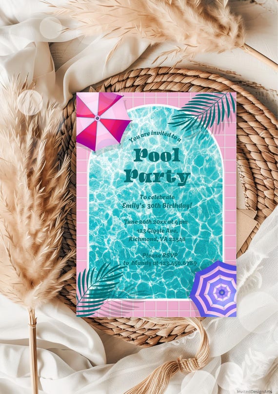 Swimming Pool Splish Splash Swim Party Invite Pool Party Invites, Pool Party Invite, Beach Ball, Water Slide Birthday Bash Ice Cream Social