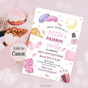 May include: A pink and purple birthday party invitation with a pizza slice, pajamas, a sleep mask, and a bottle of nail polish. The text reads "You're invited to a Pizza & Pajamas party to celebrate Emi's 10th Birthday, March 21st, 4-6 pm. Emi's House, 123 Giggle Ave, Richmond, VA 22548. RSVP to 123 576 9786. Wear your favorite pajamas!"