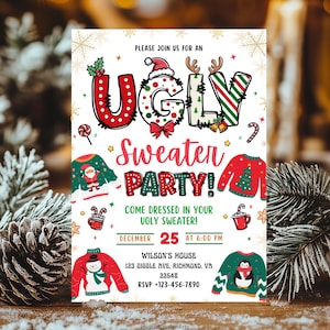 Pu&ograve; includere: Un invito festivo per una "Ugly Sweater Party!" presenta testo colorato e illustrazioni di maglioni natalizi, fiocchi di neve e icone delle vacanze. L'invito include la data, l'ora e il luogo dell'evento.